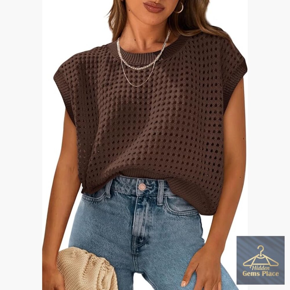 Crochet Cap Sleeve Pullover Sweater, 100% Cotton, Loose Fit, Beach Vacation Top